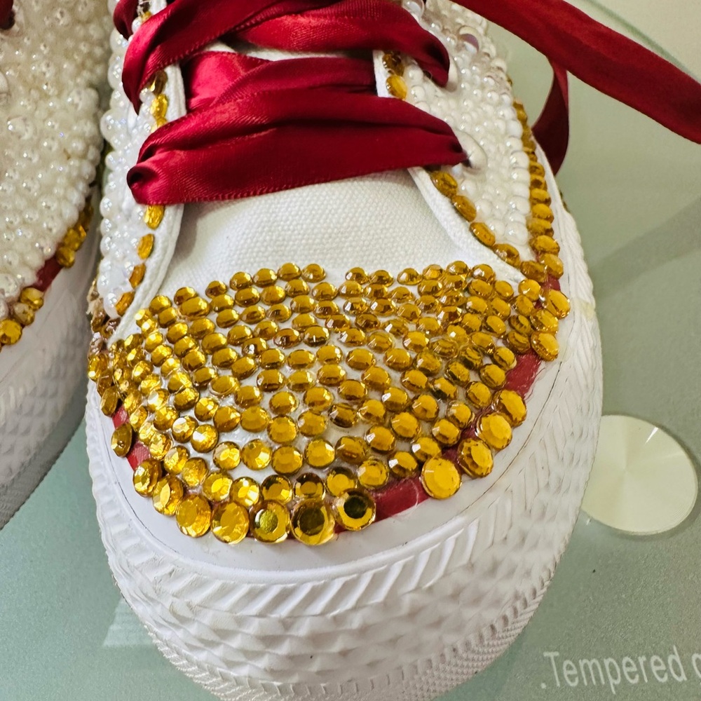 Converse CT All Star Ox Customized‎ Size 8 Pearl Sneakers Ribbon Laces Youth - Picture 4 of 10